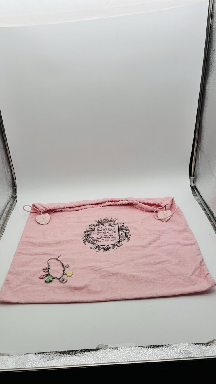 Juicy Couture Pink Drawstring Dust Bag Logo Pattern with Charms Bracelet